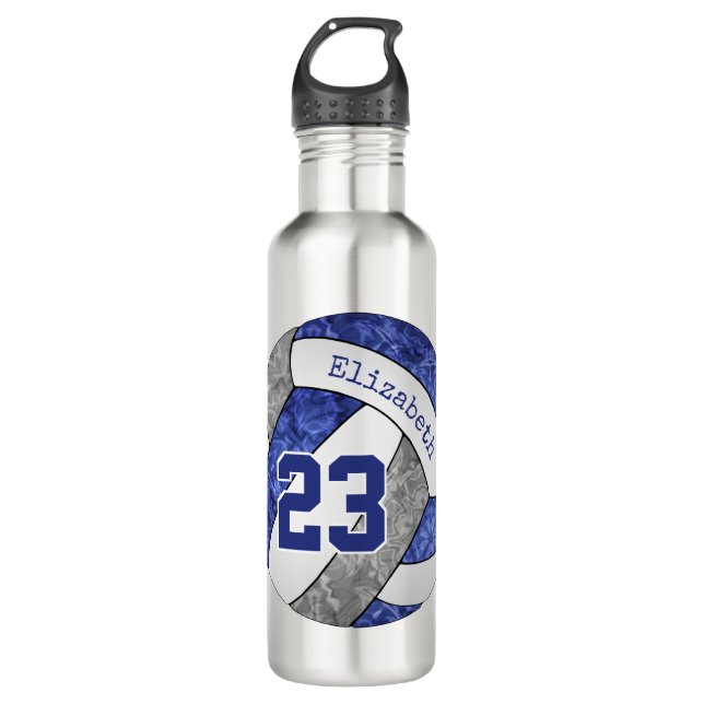 blue grey girls volleyball team colours name numbe 710 ml water bottle (Front)