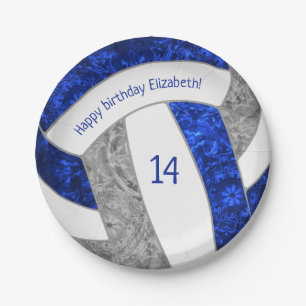 blue grey girly volleyball birthday party paper plate