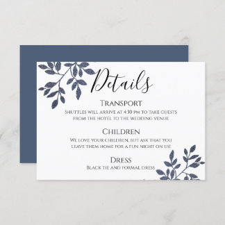 Blue Grey Glitter Botanical Wedding Details Card