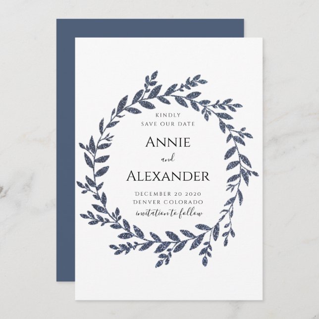 Blue Grey Glitter Effect Leaves Save The Date Invitation (Front/Back)