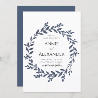 Blue Grey Glitter Effect Leaves Save The Date Invitation