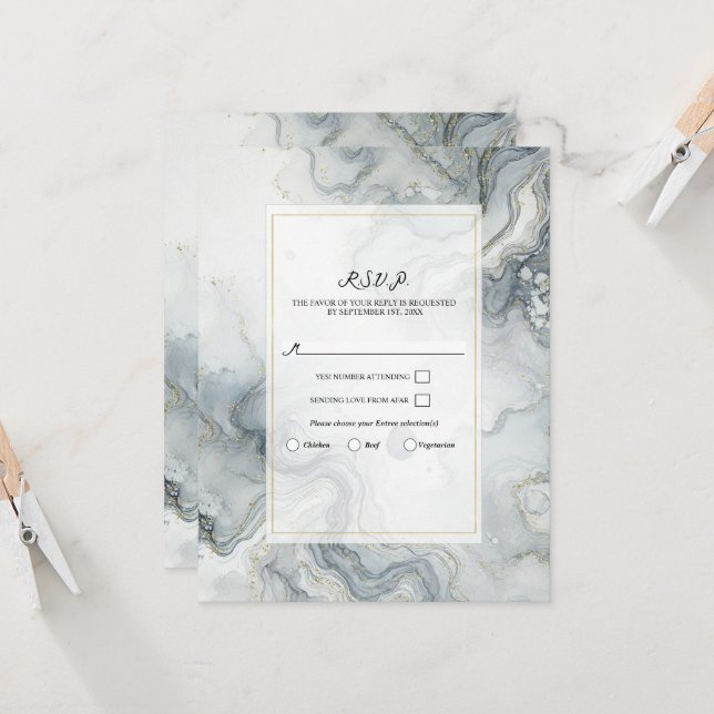 Blue Grey & Gold Beachy Watercolor Beach RSVP Invitation (Front/Back In Situ)