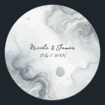 Blue Grey & Gold Beachy Watercolor Beach Wedding Classic Round Sticker<br><div class="desc">Customise with any text.</div>