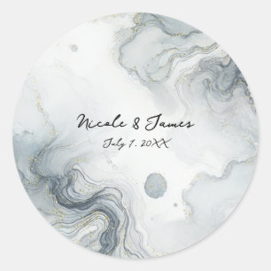 Blue Grey & Gold Beachy Watercolor Beach Wedding Classic Round Sticker
