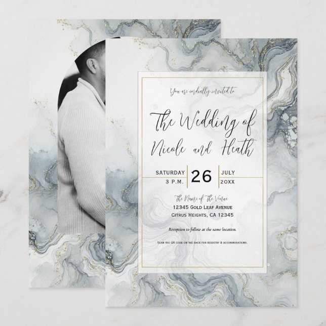Blue Grey & Gold Beachy Watercolor Beach Wedding Invitation (Front/Back)