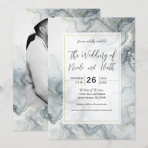 Blue Grey & Gold Beachy Watercolor Beach Wedding Invitation