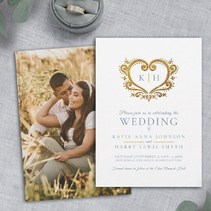 Blue grey gold heart monogram wedding photo invitation
