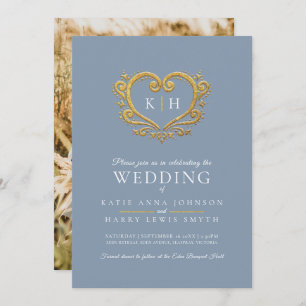 Blue grey gold heart monogram wedding photo invitation