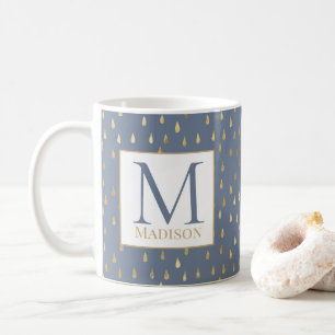 Blue Grey Gold Raindrop Modern Trendy Monogram Coffee Mug