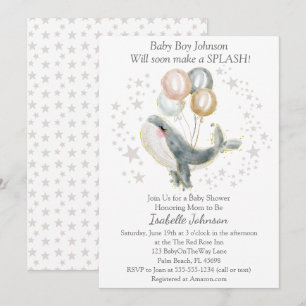 Blue Grey Gold Watercolor Cute Whale Baby Shower Invitation