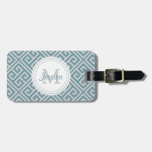 Blue Grey Greek Key Motif Luggage Tag