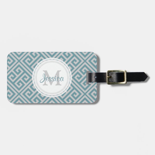 Blue Grey Greek Key Motif Luggage Tag (Front Horizontal)