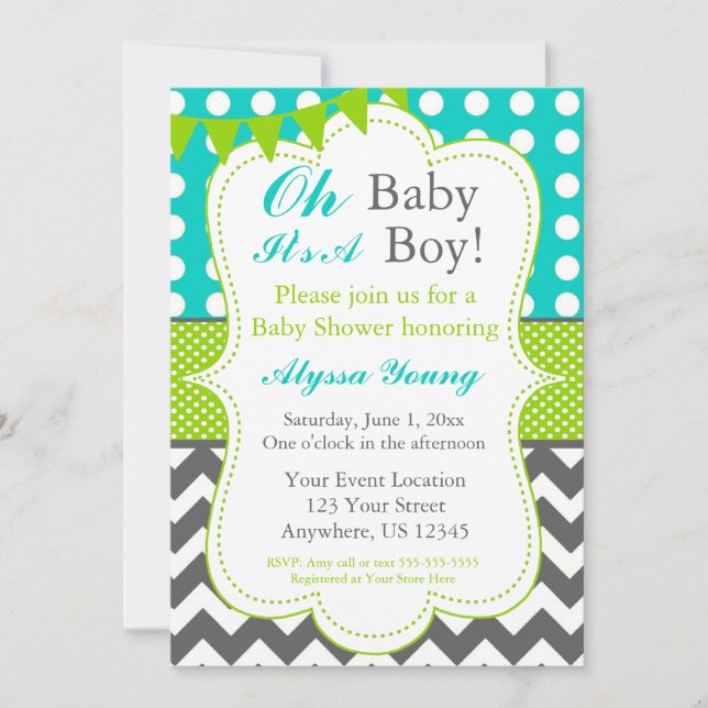 Blue Grey Green Baby Boy Shower Invite (Front)
