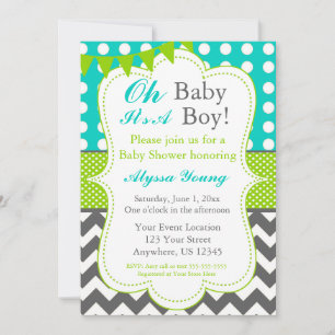Blue Grey Green Baby Boy Shower Invite