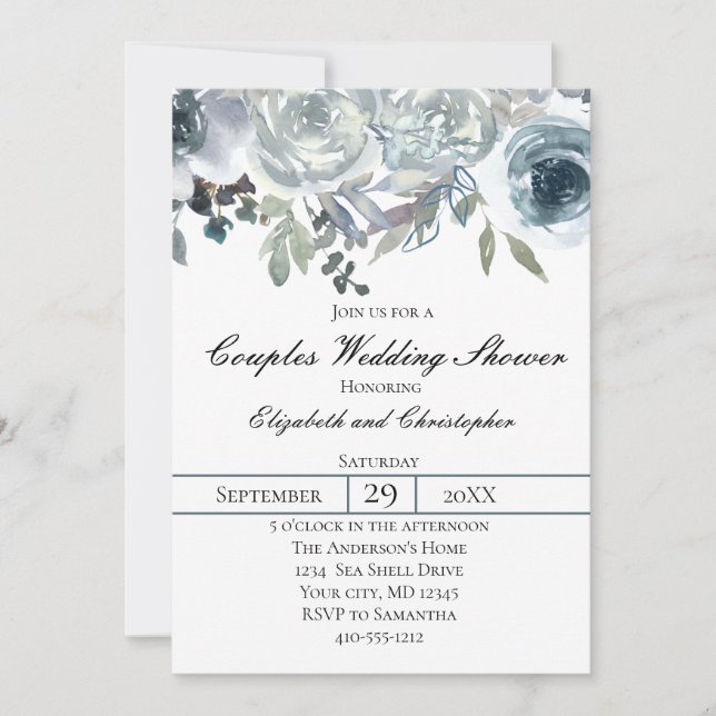 Blue Grey Green Elegant Floral Couples Wedding  Invitation (Front)