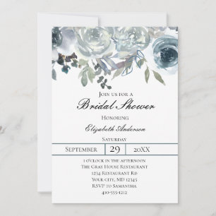 Blue Grey Green Elegant Floral Watercolor Bridal Invitation