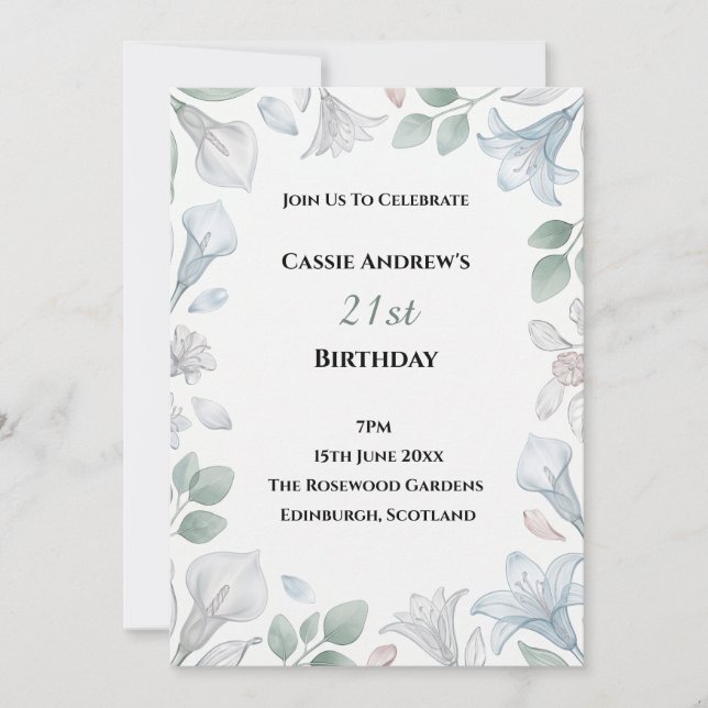 Blue Grey Greenery Milestone Birthday Invitation (Front)