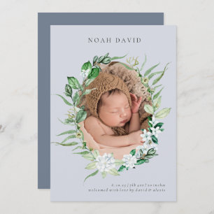 Blue Grey Greenery Wreath Photo Birth Announcement