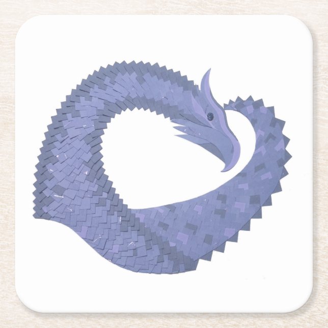 Blue-grey heart dragon on white square paper coaster (Front)