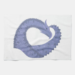 Blue-grey heart dragon on white tea towel