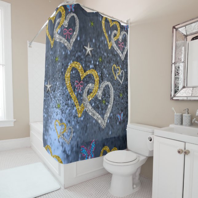 blue grey heart gold silver shower curtain (In Situ)