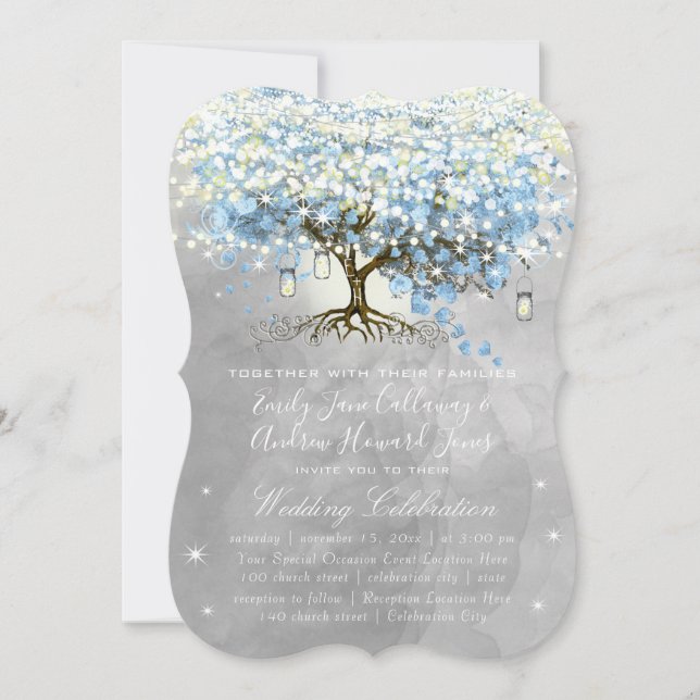 Blue & Grey Heart Leaf Tree Woodsy Boho Wedding Invitation (Front)