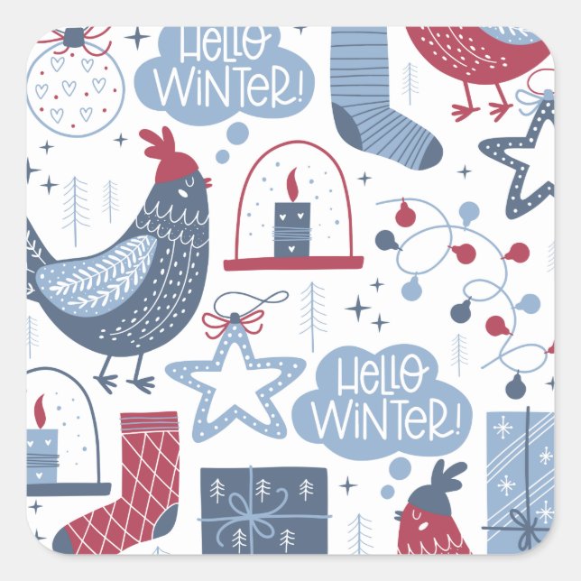 Blue Grey Hello Winter Christmas  Illustration  Square Sticker (Front)