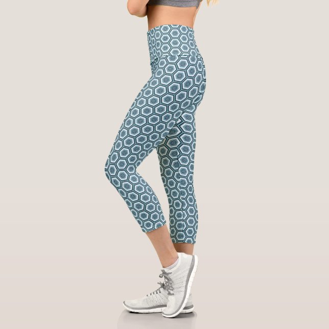 Blue Grey Hexagon Geometric Pattern Capri Leggings (Left)
