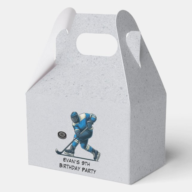 Blue Grey Hockey Player Birthday Party Favour Box (Front)