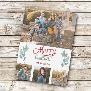 Blue Grey Holly Sprig Photo Template Christmas