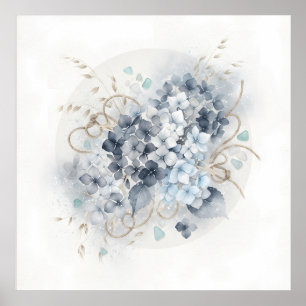Blue Grey Hydrangea Gold Botanical Poster