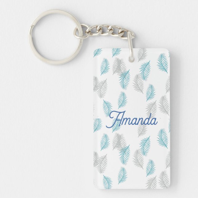Blue & Grey Leaves Pattern  Key Ring (Front)