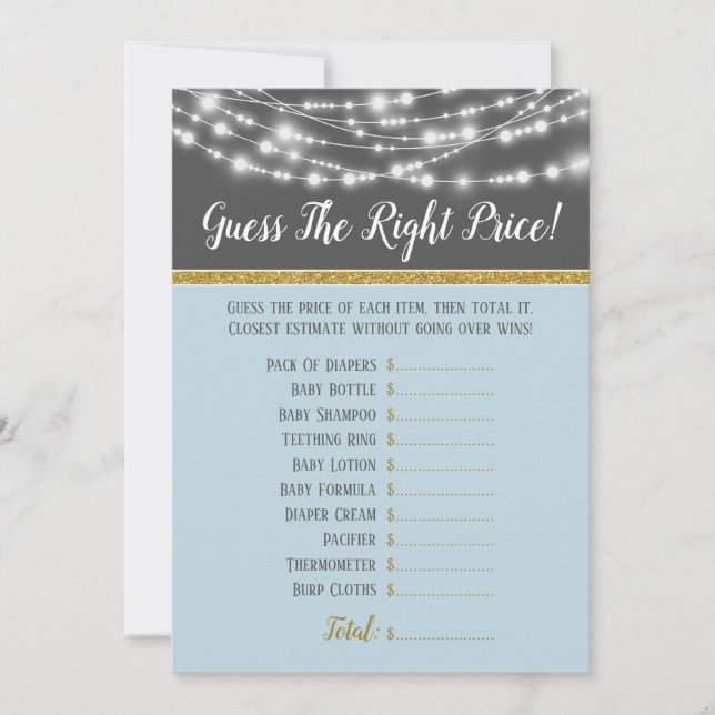 Blue Grey Lights Guess The Right Price Baby Shower Invitation (Front)