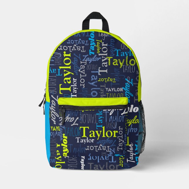 blue grey lime green personalised name all over printed backpack (Front)