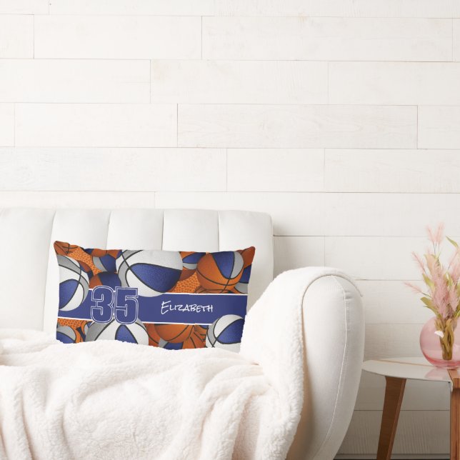 blue grey lots of basketballs kids sports room lumbar cushion (Couch)