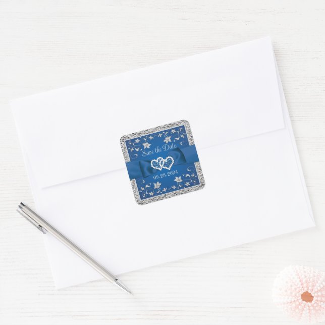 Blue, Grey Love Hearts Wedding Save the Date Square Sticker (Envelope)