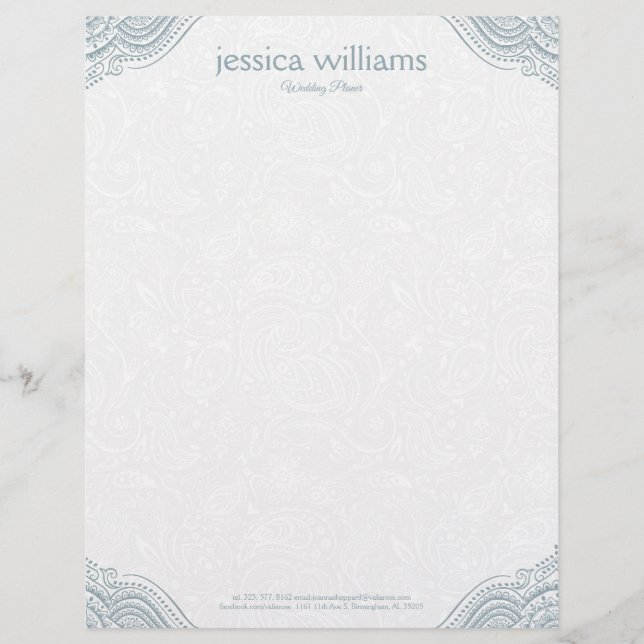 Blue-Grey Mandala Corners On White Paisley  Custom Letterhead (Front)