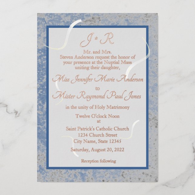 Blue & Grey Marble Catholic Monogrammed Wedding (Front)