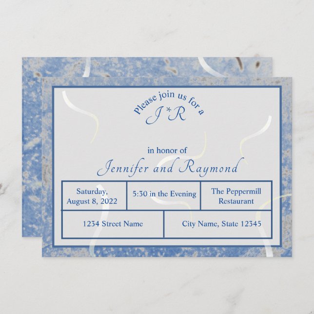 Blue & Grey Marble Monogramed Rehearsal Dinner Enclosure Card (Front/Back)