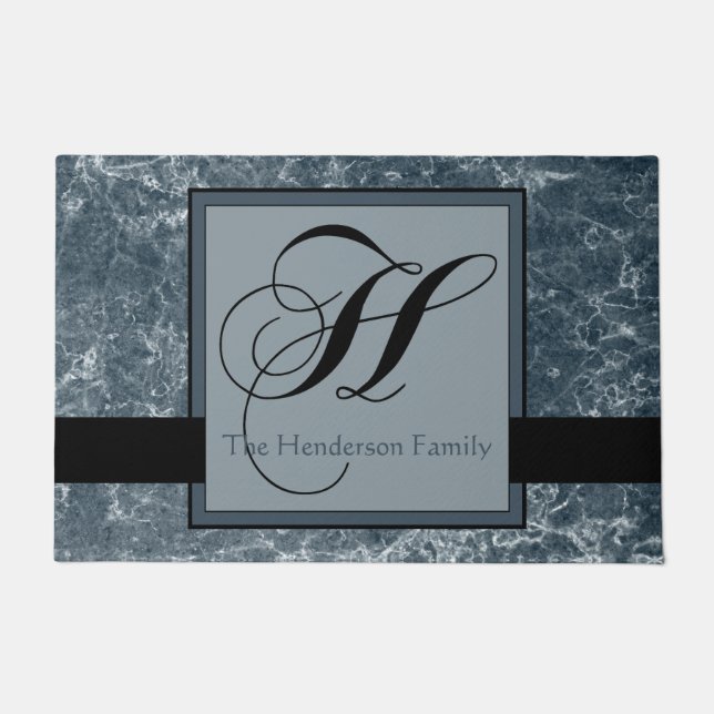 Blue Grey Marble Pattern Black Monogram H Add Name Doormat (Front)