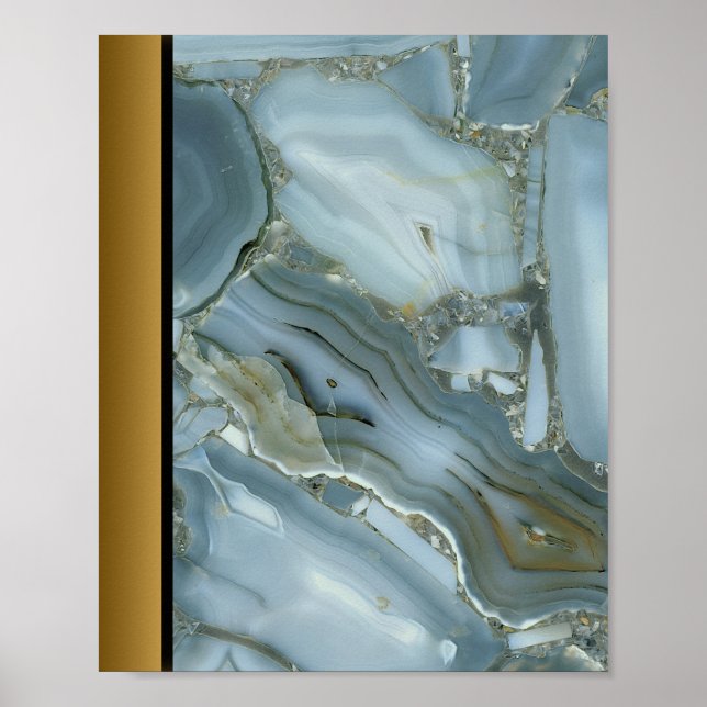 Blue Grey Marble Stone / Black Gold Border Art Poster (Front)