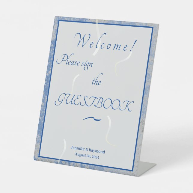 Blue & Grey Marble Wedding  Pedestal Sign (Front)