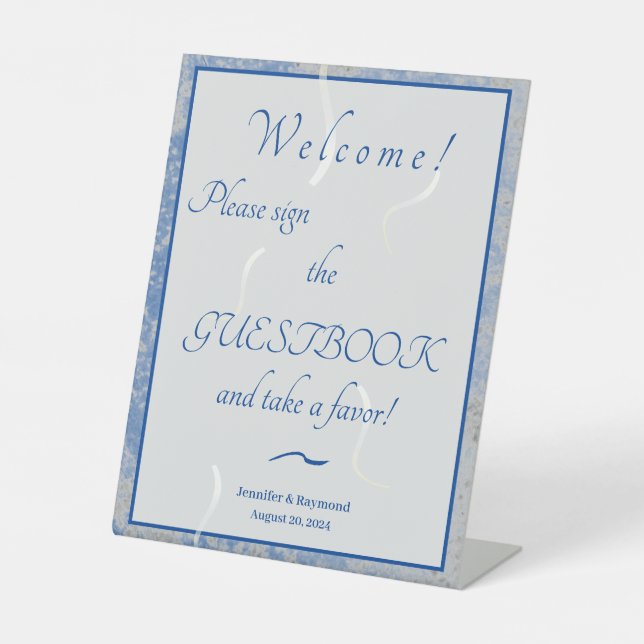 Blue & Grey Marble Wedding  Pedestal Sign (Front)