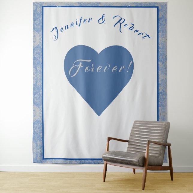 Blue & Grey Marble Wedding Tapestry (In Situ)