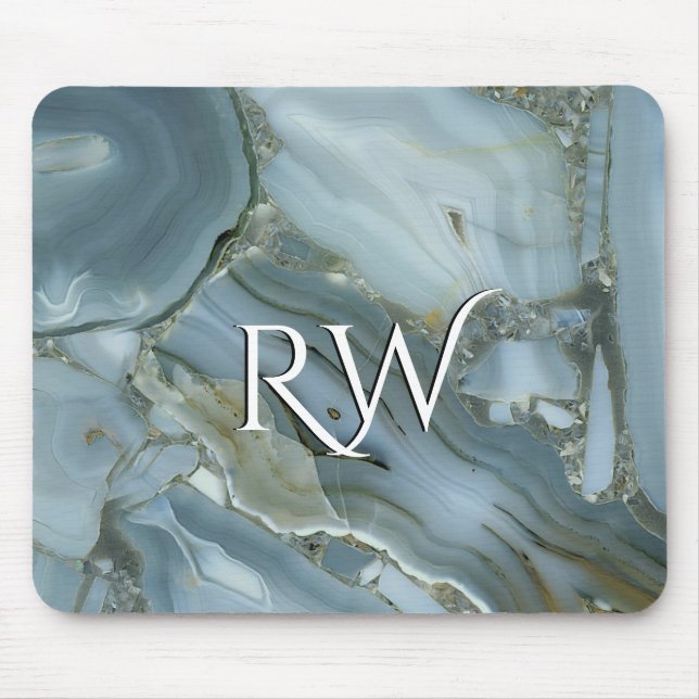 Blue Grey Marble with Gold Vein Initial  Mouse Mat (Front)