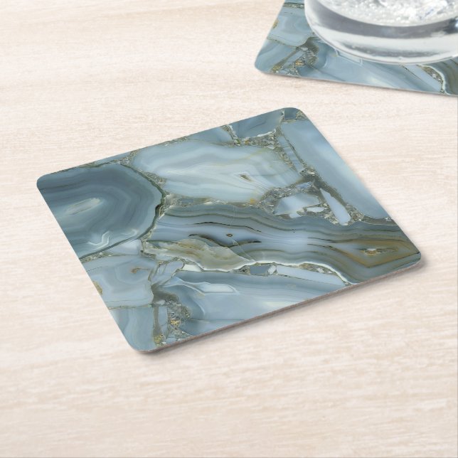 Blue Grey Marble with Gold Vein Square Paper Coaster (Angled)