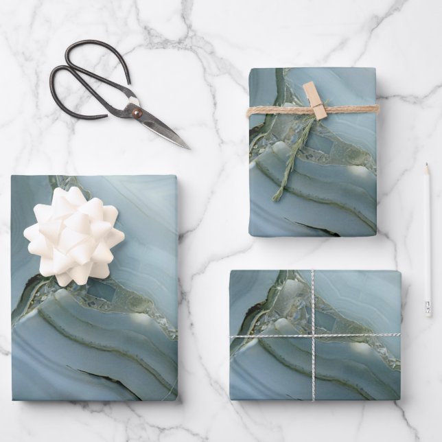 Blue Grey Marble with Gold Vein Wrapping Paper Sheet (Front)