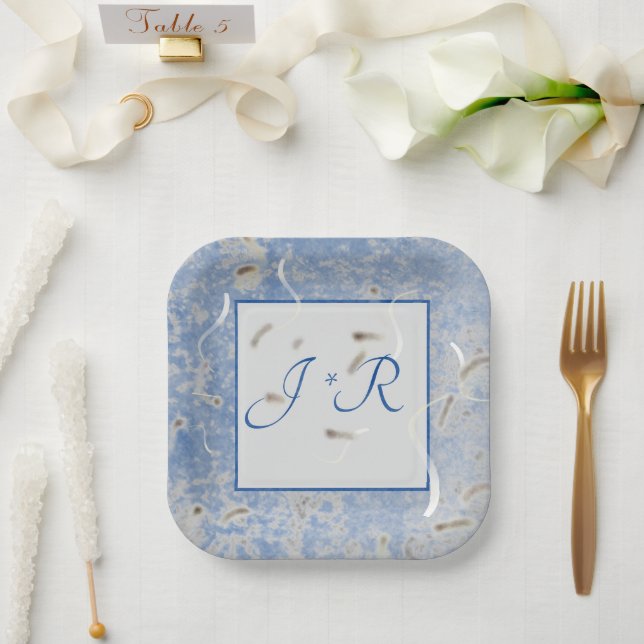 Blue & Grey Marbled Wedding Reception Paper Plate (Wedding)
