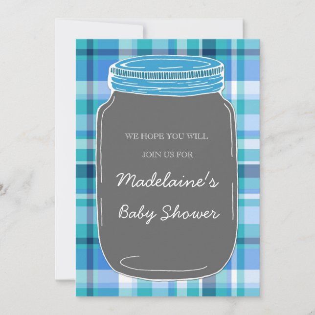Blue Grey Mason Jar Custom Baby Shower Invitations (Front)