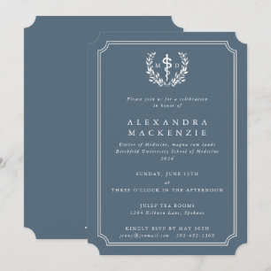 Blue-Grey MD Asclepius + Laurel Wreath Graduation Invitation
